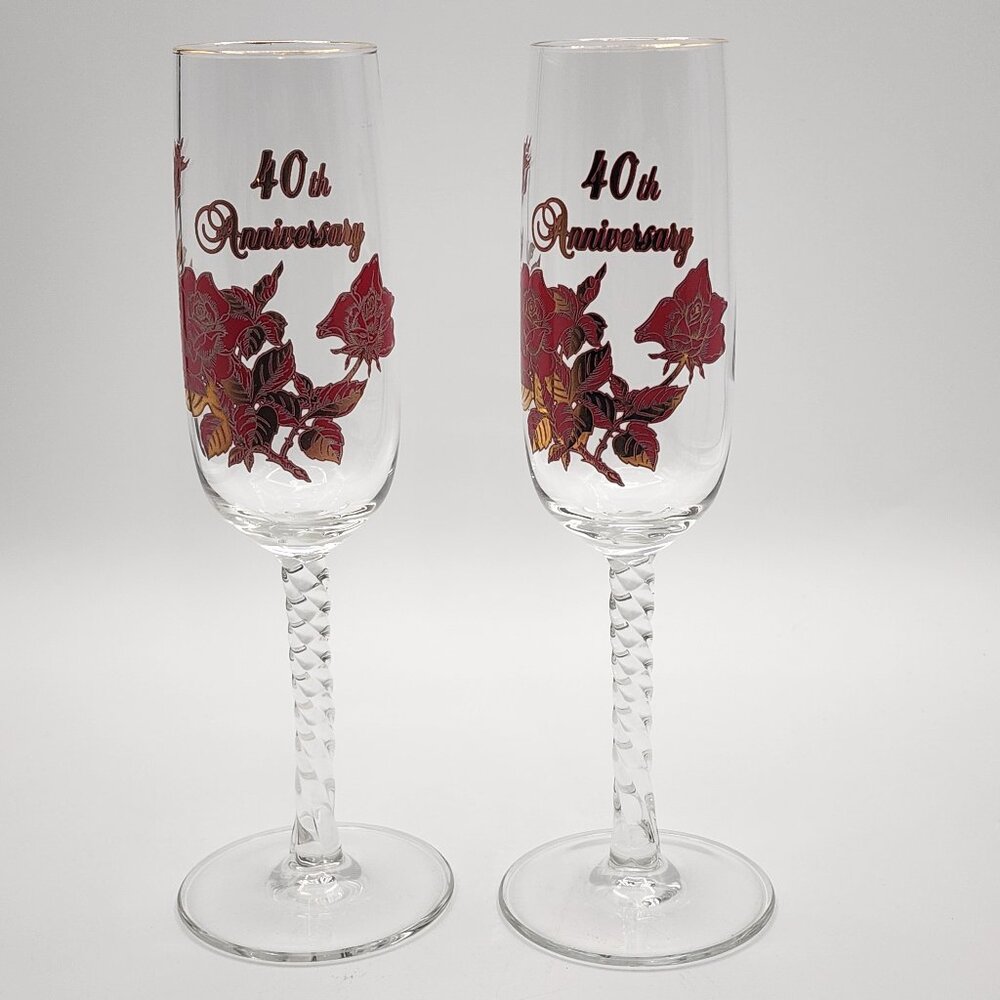 Vintage Banawe Canada 40th Anniversary Champagne/ Wine Glass Flute Rare Red Rose